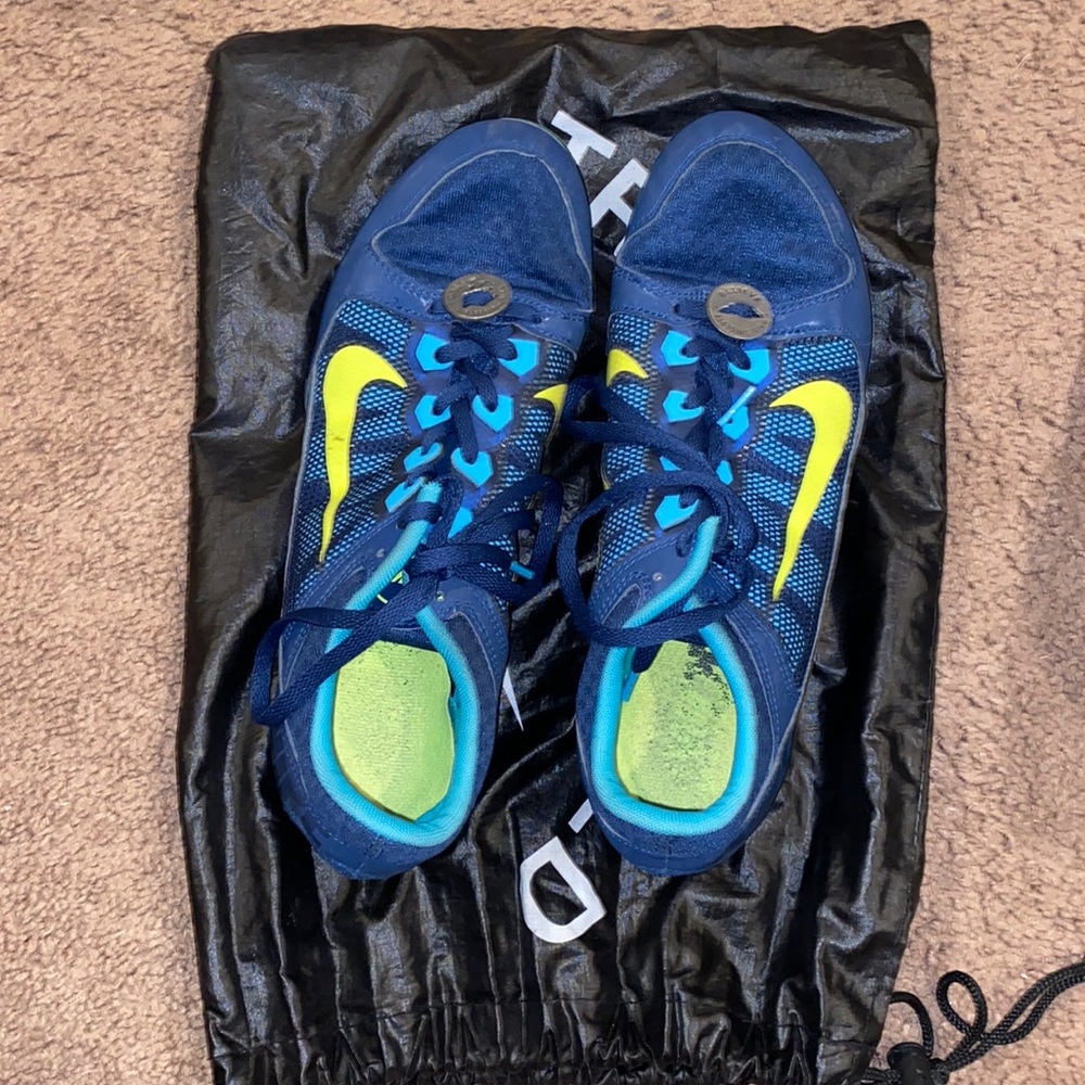 Nike navy and light blue track spikes.